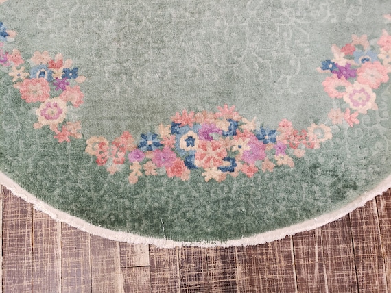 Art Deco Chinese rug  aubsson size 4'×6'8"haend knotted wool vintage rug ligh blue with pink and green