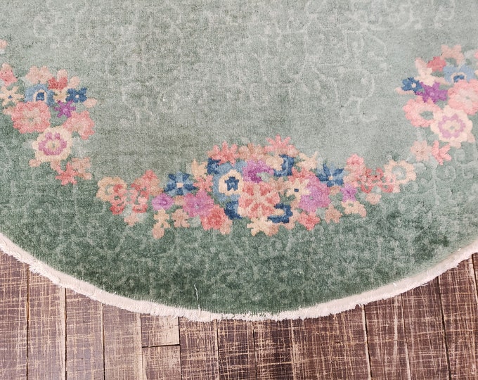 Art Deco Chinese rug  aubsson size 4'×6'8"haend knotted wool vintage rug ligh blue with pink and green