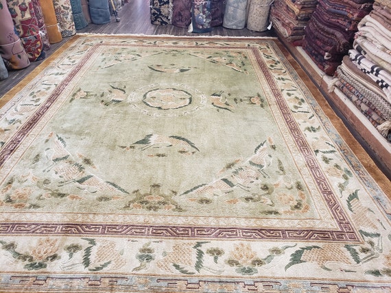 Art deco Chinese silk with bird  oriental rug  silk Chinese rug carpet soft  green colors size 9'×12'