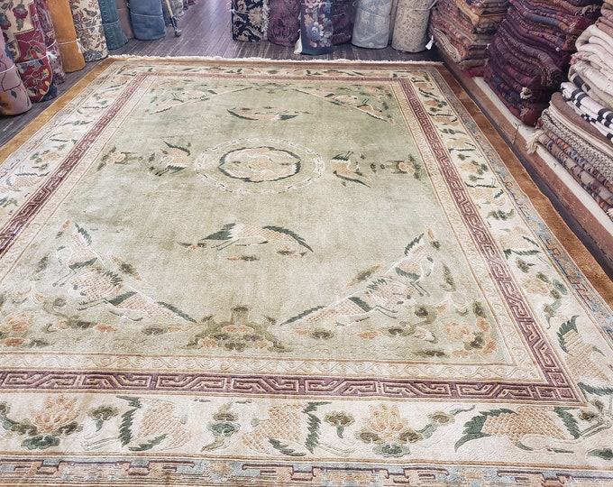 Art deco Chinese silk with bird  oriental rug  silk Chinese rug carpet soft  green colors size 9'×12'