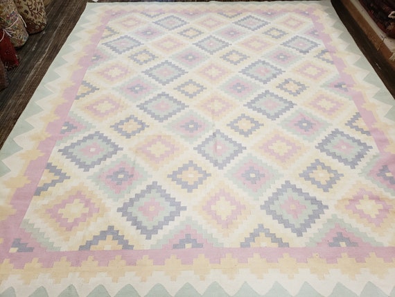 Handwoven Indian Dhurrie rug Flatweav pastel Dhurrie kelim wool Dhurrie rug 8'×10' cotton Dhurrie