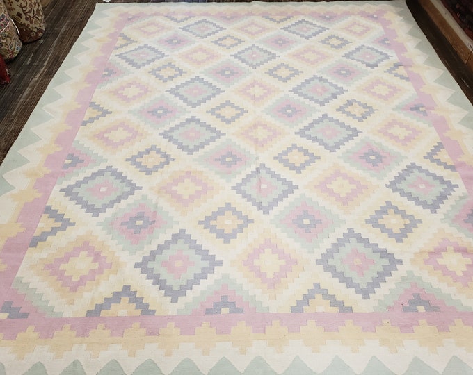 Handwoven Indian Dhurrie rug Flatweav pastel Dhurrie kelim wool Dhurrie rug 8'×10' cotton Dhurrie