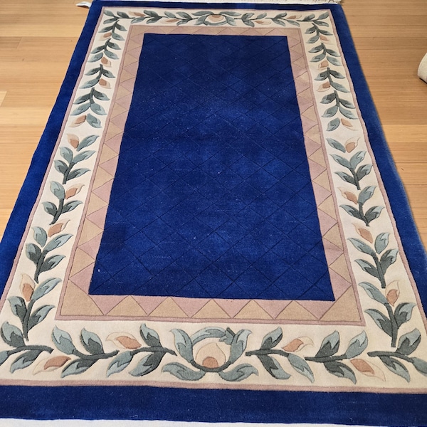 Art Deco Peking Rug: Hand-Knotted Wool, Blue Floral Oriental (4'x6')