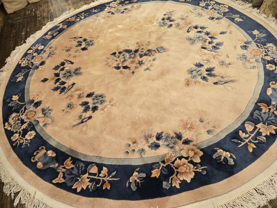 Round Chinese Art Deco Peking Rug Aubusson Chinese rug wool Chinese rug Peking rug Red Round rug wool Chinese rug 9'x9' with Birds vintage