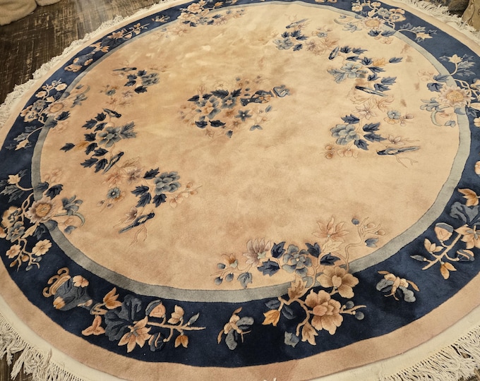 Round Chinese Art Deco Peking Rug Aubusson Chinese rug wool Chinese rug Peking rug Red Round rug wool Chinese rug 9'x9' with Birds vintage