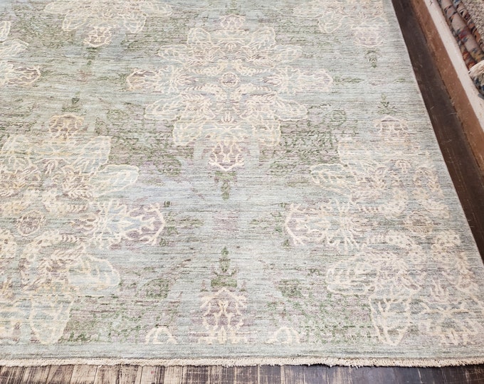 Oushak natural dyes Pakistan Mahal rug  Antigue design rug wool rug with green background vegetable dyes hand knotted 9'×12'