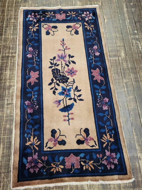 Peking Chinese Art Deco vint hand knotted wool rug with gray feld with multi colors border with rusty red and pink  size 2'1"×3'10"