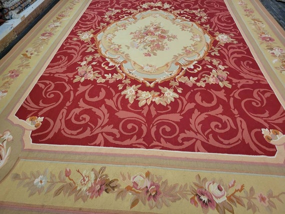 Aubusson rugs  french Aubusson flat wove rug Savanery rug Flemish carpet wool Aubusson rug European rugs,Needlepoint red  Aubusson 9'×12'