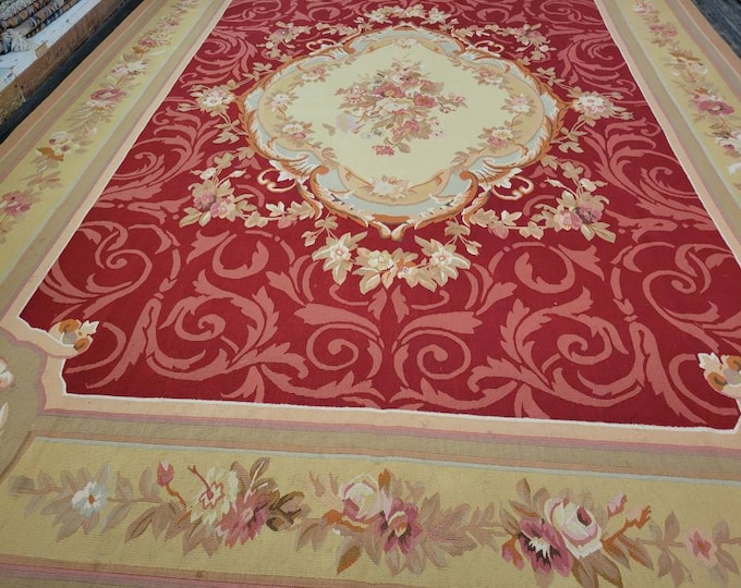 Aubusson rugs  french Aubusson flat wove rug Savanery rug Flemish carpet wool Aubusson rug European rugs,Needlepoint red  Aubusson 9'×12'