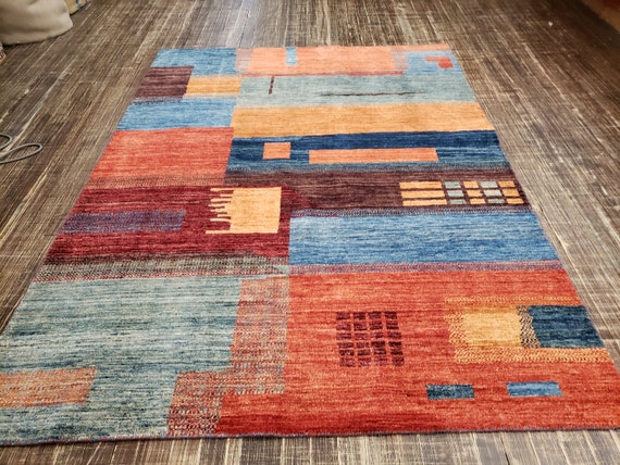 Modern hand knotted rug tribal rug geometric wool rug colorful rug Transitional rug Moroccan rug oushak rug Natural dyes rug 5'×8'