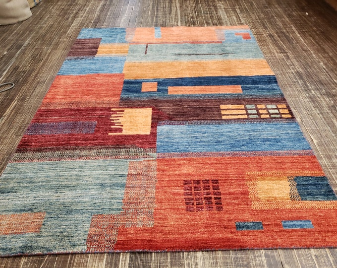 Modern hand knotted rug tribal rug geometric wool rug colorful rug Transitional rug Moroccan rug oushak rug Natural dyes rug 5'×8'