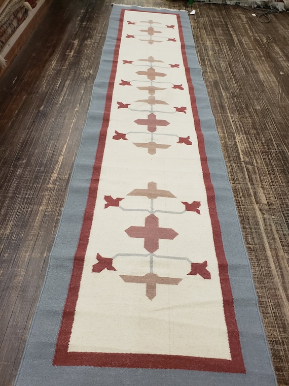 Handwoven Indian Dhurrie rug Flatweav pastel Dhurrie kelim wool Dhurrie rug 2'7×12' runner