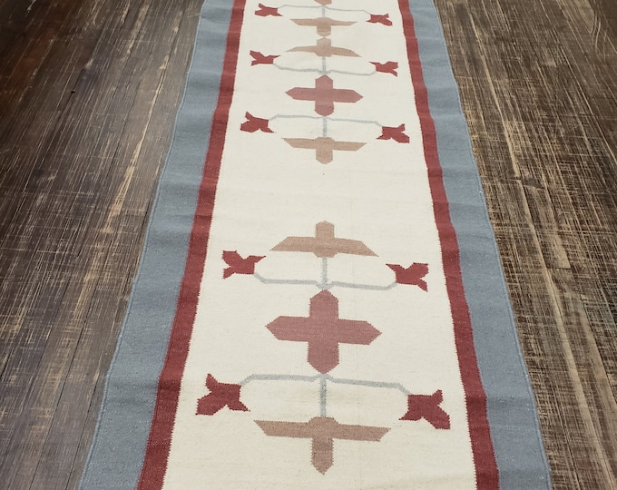 Handwoven Indian Dhurrie rug Flatweav pastel Dhurrie kelim wool Dhurrie rug 2'7×12' runner