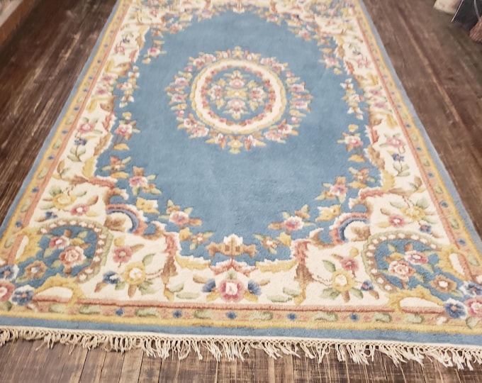 Indo Chinese Art Deco Peking rug  90 line wool hand knotted  rug Aubusson Chinese rug size 6'×9' oriental rug Indo Aubusson rug green rug