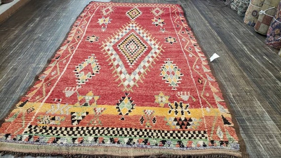Moraccan tribal vintage rug geometric authentic moraccan rug hand knotted wool rug orange and red  size 5'×9'6" Turkish rug vintage rug