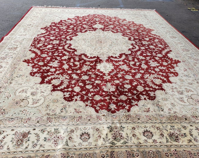 Handwoven wool oriental rug Turkish rug red rug sino rug over size rug palace rug size 12'×15" rug wool red rug sino persian rug