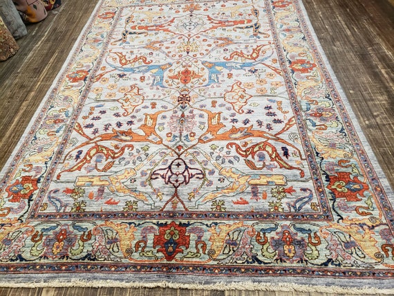 Oushak natural dyes Pakistan Mahal rug  Antigue design rug pashavar wool rug with green background vegetable dyes hand knotted 6'×9'