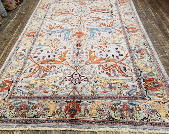 Oushak natural dyes Pakistan Mahal rug  Antigue design rug pashavar wool rug with green background vegetable dyes hand knotted 6'×9'