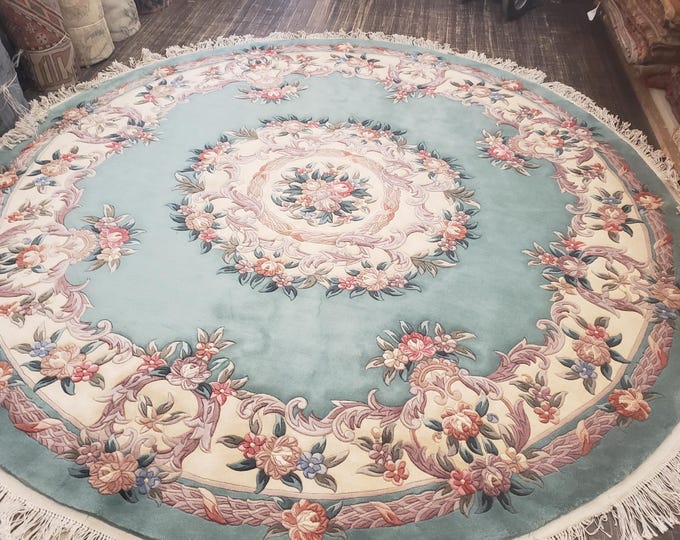 Round Chinese Art Deco Peking Rug Aubusson Chinese rug wool Chinese rug Peking aqua green color Round rug wool Chinese rug size 9'6"×9'6"