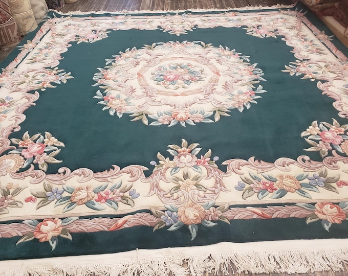 Chinese Art Deco Peking rug  90 line wool hand knotted  rug Aubusson Chinese rug size 9'6"×9'6' oriental rug square green&beige Chinese rug