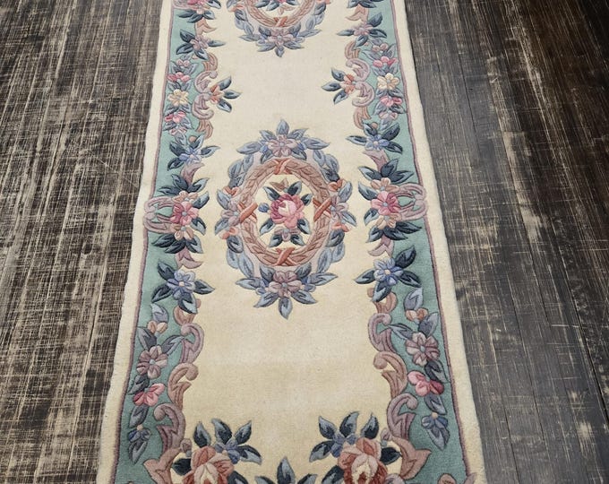 Chinese Art Deco Peking rug Chinese runner 90 line wool hand knotted  rug wool Chinese light green border  size 2'3"×10' Chinese rug 90