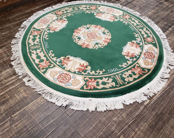 Round Chinese Art Deco Peking Rug Aubusson Chinese5 rug wool Chinese rug Peking rug royal blue Round rug wool Chinese rug 5'2"×5'2"