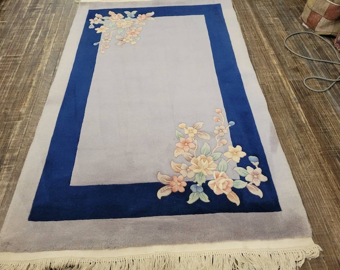Chinese Art Deco Peking rug  90 line wool hand knotted  rug Aubusson Chinese rug size 4'×6' oriental rug royal blue &beige Chinese rug
