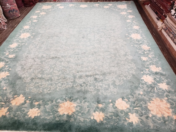 Art deco Chinese rug 1930's vintage antique Chinese rug wool  Chinese nicols green  size 8'10"×11'6"
