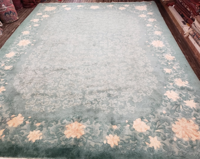 Art deco Chinese rug 1930's vintage antique Chinese rug wool  Chinese nicols green  size 8'10"×11'6"
