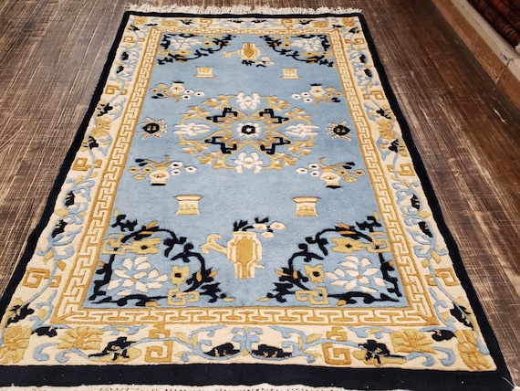 Indo Chinese Art Deco Peking rug  90 line wool hand knotted  rug Aubusson Chinese rug size 4'×6' oriental rug Indo Aubusson rug green rug