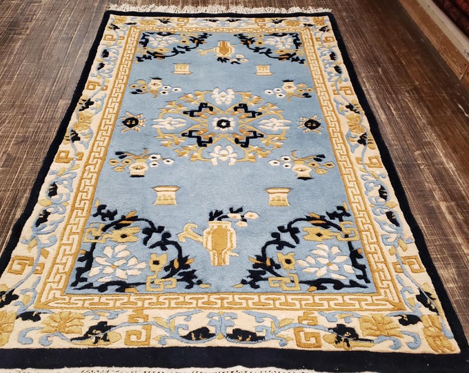 Indo Chinese Art Deco Peking rug  90 line wool hand knotted  rug Aubusson Chinese rug size 4'×6' oriental rug Indo Aubusson rug green rug
