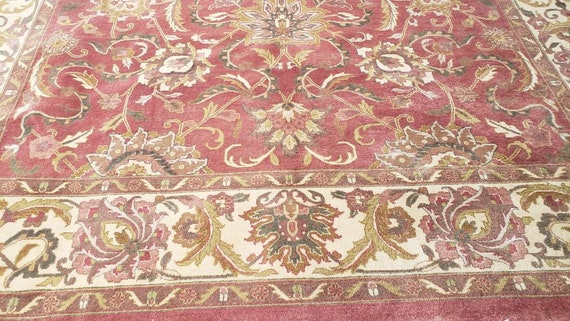 Traditional wool hand knotted handmade rug Indian jaypour vintage rug designer rug  oriental rug Turkish rug size 9'× 12' wool vintage pink