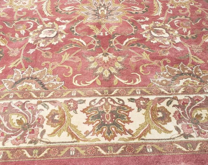 Traditional wool hand knotted handmade rug Indian jaypour vintage rug designer rug  oriental rug Turkish rug size 9'× 12' wool vintage pink