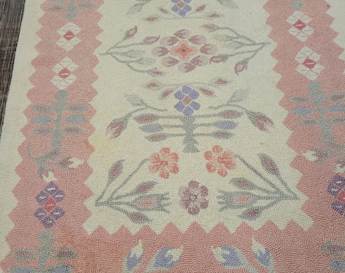Aubusson hook rug Chinese hook rug peach&beige hand made wool vintage rug floral design rug size 4'×6' wool oriental rug