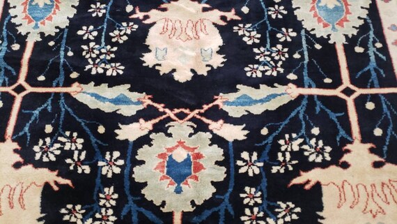 Arts and crafts wool vintage rug hand knotted Art deco Turkish wool rug William Morris size 8.5 x 10.7 black rug