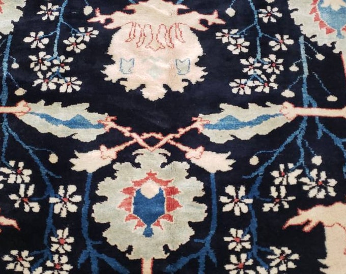 Arts and crafts wool vintage rug hand knotted Art deco Turkish wool rug William Morris size 8.5 x 10.7 black rug