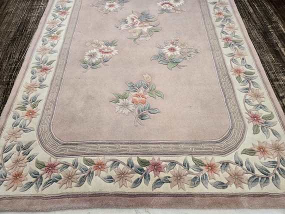 Chinese Art Deco Peking rug  90 line wool hand knotted  rug Aubusson vintage Chinese rug size 5'3"×8'3" oriental rug pink&beige Chinese rug