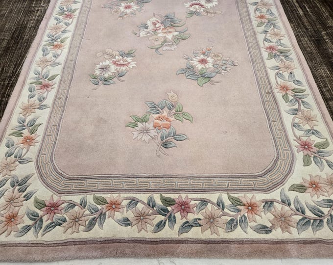 Chinese Art Deco Peking rug  90 line wool hand knotted  rug Aubusson vintage Chinese rug size 5'3"×8'3" oriental rug pink&beige Chinese rug