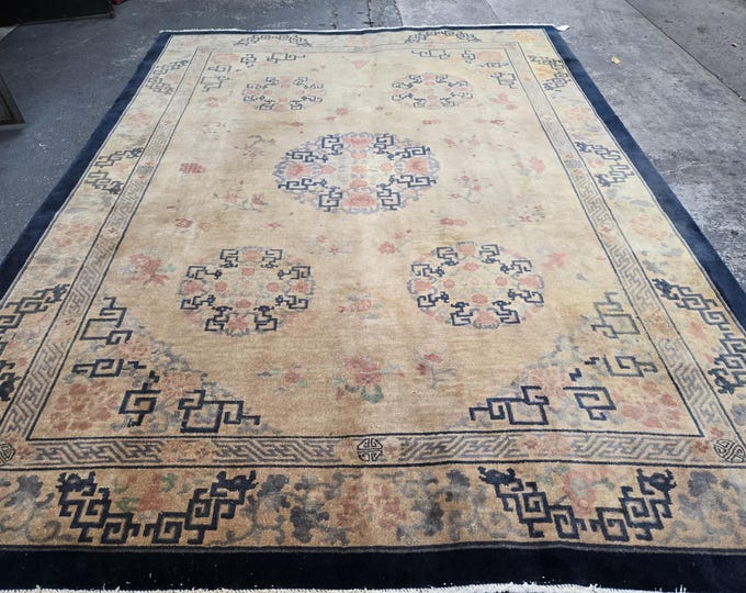 Chinese art Deco antique art Deco hand knotted wool rug with gold feld with multi color border Nicole Chinese size 9'×11'8"