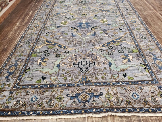 Oushak natural dyes Pakistan Mahal rug  Antigue design rug pashavar wool rug with gray background vegetable dyes hand knotted 6'×9'