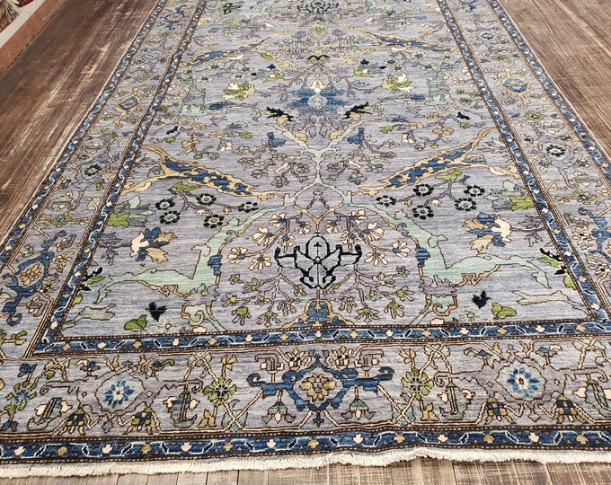 Oushak natural dyes Pakistan Mahal rug  Antigue design rug pashavar wool rug with gray background vegetable dyes hand knotted 6'×9'