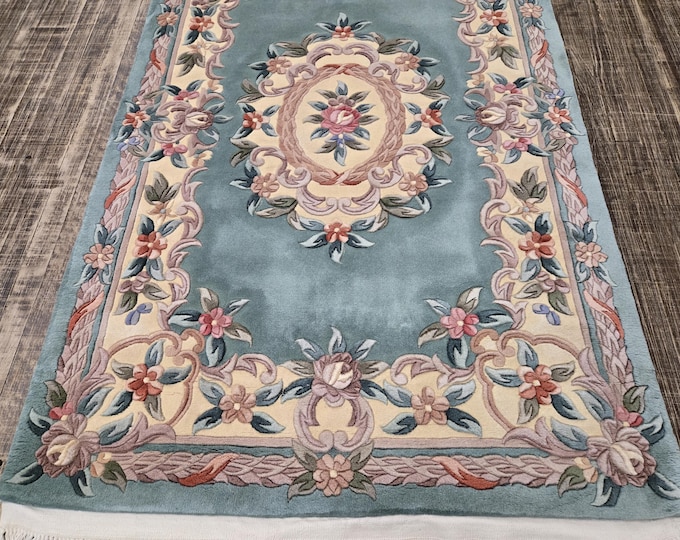Chinese Art Deco Peking rug  90 line wool hand knotted  rug Aubusson Chinese rug size 4'×6' oriental rug aqua green colors Chinese rug