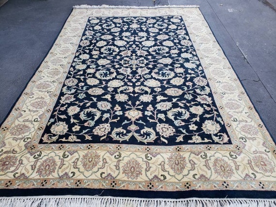 Indian jaypour wool rug durable rug Turkish rug blue rug hand knotted rug all over design size 6 x 9