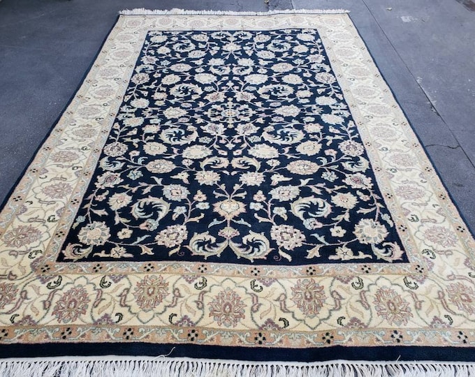 Indian jaypour wool rug durable rug Turkish rug blue rug hand knotted rug all over design size 6 x 9