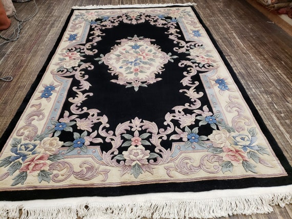 Chinese Art Deco Peking rug  90 line wool hand knotted  rug Aubusson Chinese rug size 5'3"×8'4" oriental rug  black&beige Chinese rug