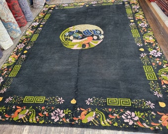 Vintage Peking Art Deco wollen vloerkleed, handgeknoopte bloemenrand (9'x 11'8")