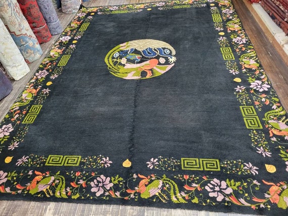 Peking Chinese Art Deco vintage hand knotted wool rug with gray feld with multi colors border with black background   size 9'×11'8"