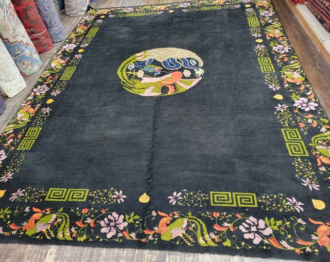 Peking Chinese Art Deco vintage hand knotted wool rug with gray feld with multi colors border with black background   size 9'×11'8"