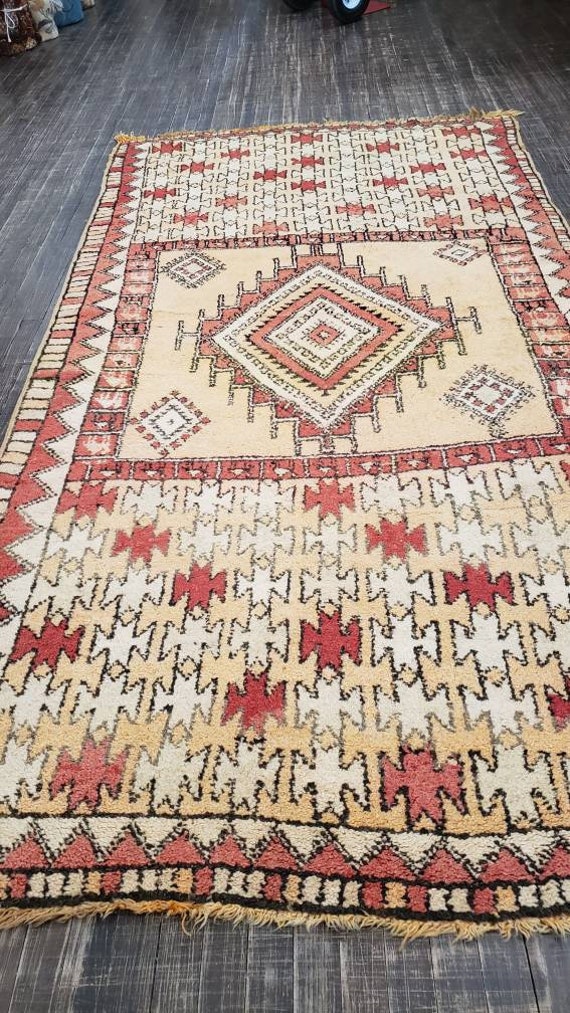 Mid-century Moraccan tribal vintage rug geometric hand knotted wool orange and red  size 5'×9'6"
