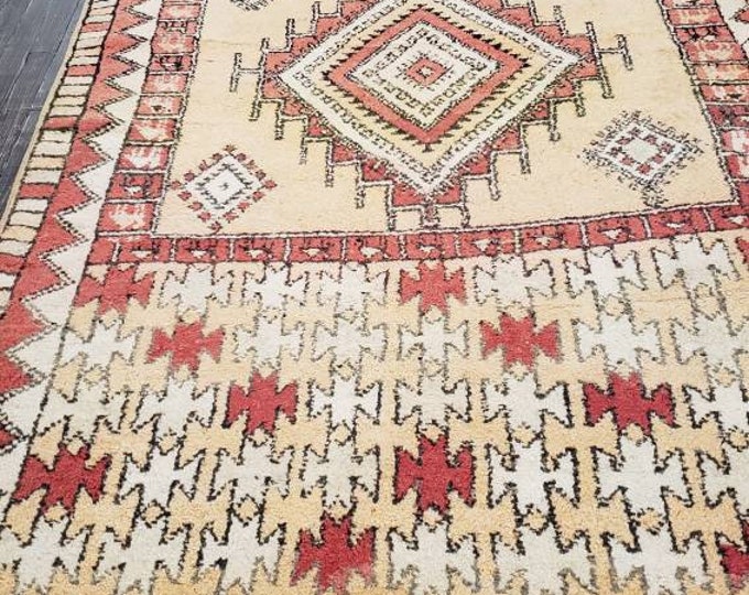 Mid-century Moraccan tribal vintage rug geometric hand knotted wool orange and red  size 5'×9'6"